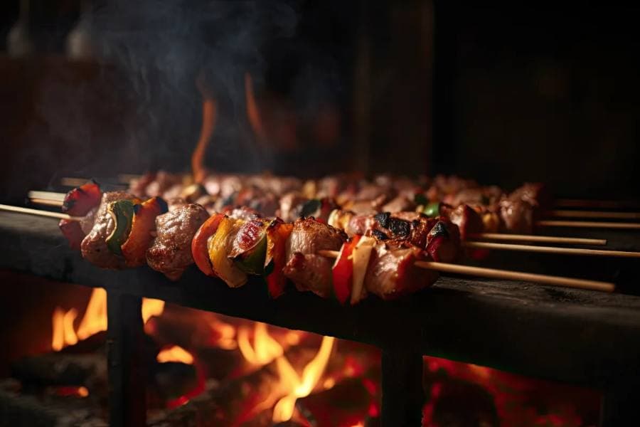 Skewers grilling over an open flame